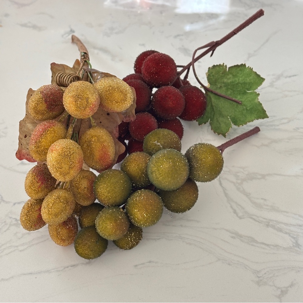 Set of three artificial beaded/ sugared grapes in greens and reds